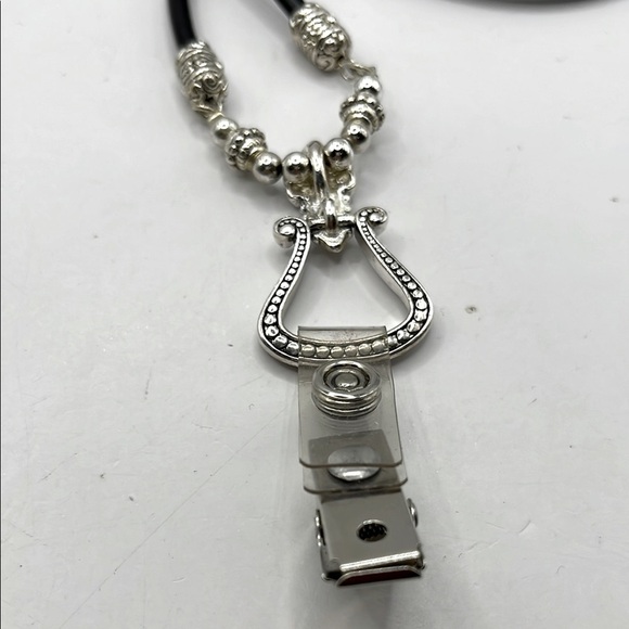 ID Badge Silver Tone and Black Cord Necklace with Ornate Metalwork - Picture 4 of 11